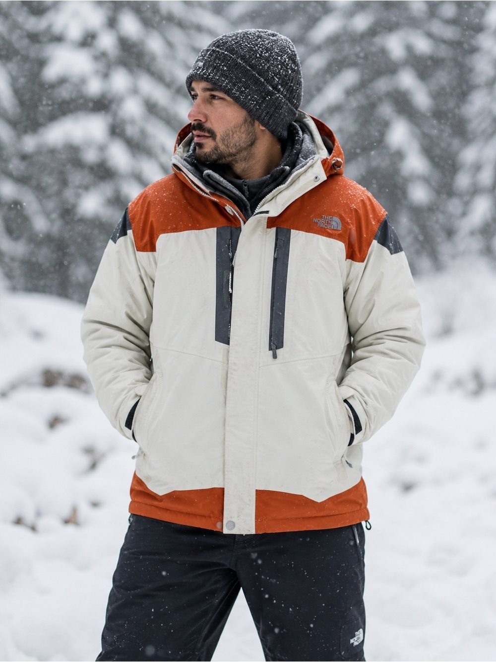 This is a The North Face Hyvent 3-in-1 insulated snow jacket in a white, orange